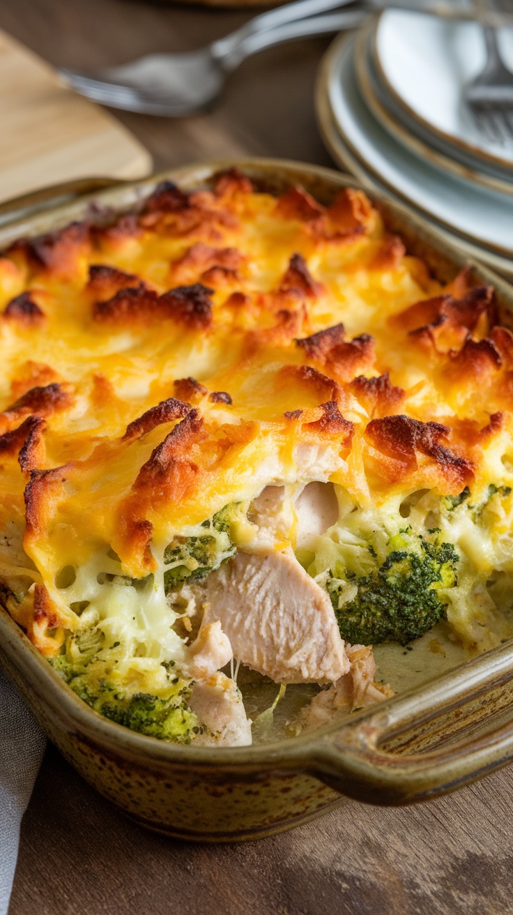 Keto Chicken Broccoli Casserole with melted cheese and broccoli in a baking dish.